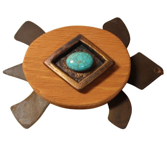 Set Of 2 Handcrafted Wooden & Metal Turtles w/faux Turquoise Accents - Picture 2 of 9